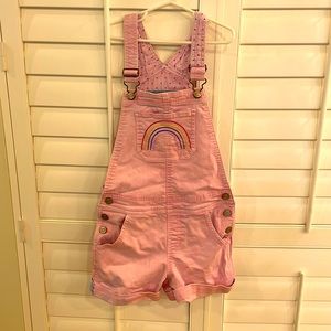 Mini Boden overall shorts in pink with rainbow embroidery. Size 9-10.